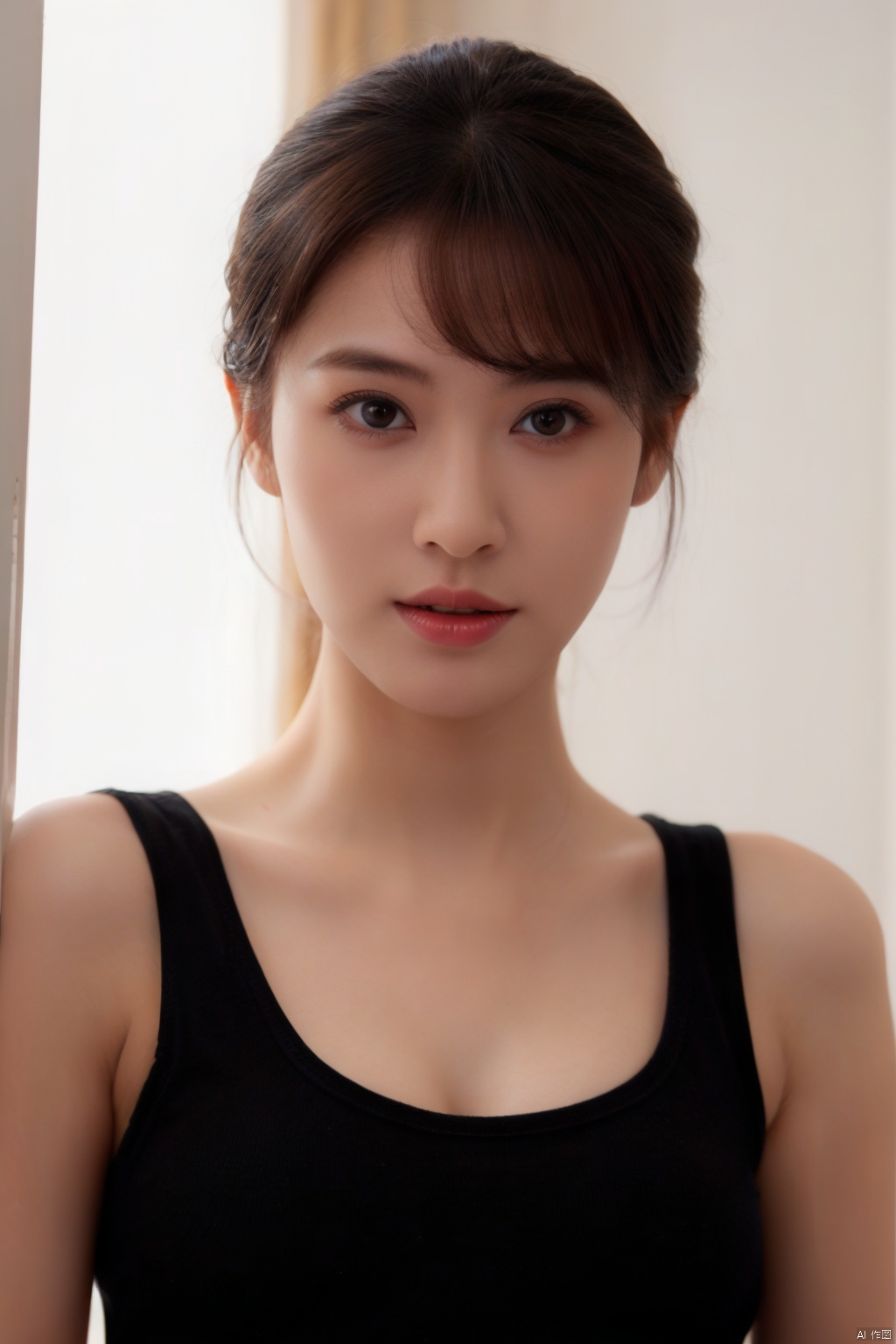 35mm film, one pretty girl, portrait,solo, updo, prefect face, makeup,  big tits, cleavage, Low cut yoga suit,looking at viewer, bright lights, softbox lighting, upper body, epiCPhoto,