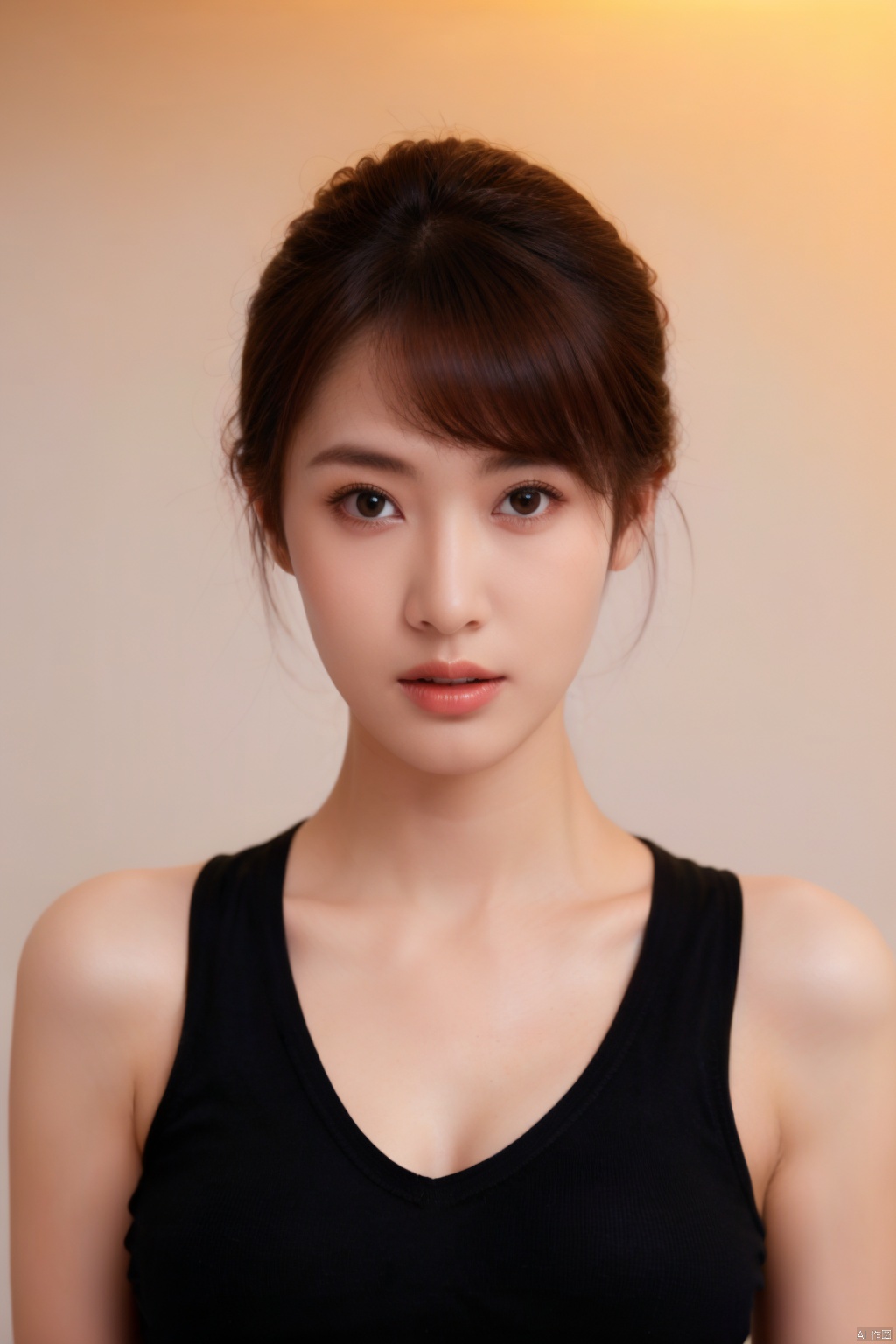 35mm film, one pretty girl, portrait,solo, updo, prefect face, makeup,  big tits, cleavage, Low cut yoga suit,looking at viewer, bright lights, softbox lighting, upper body, epiCPhoto,