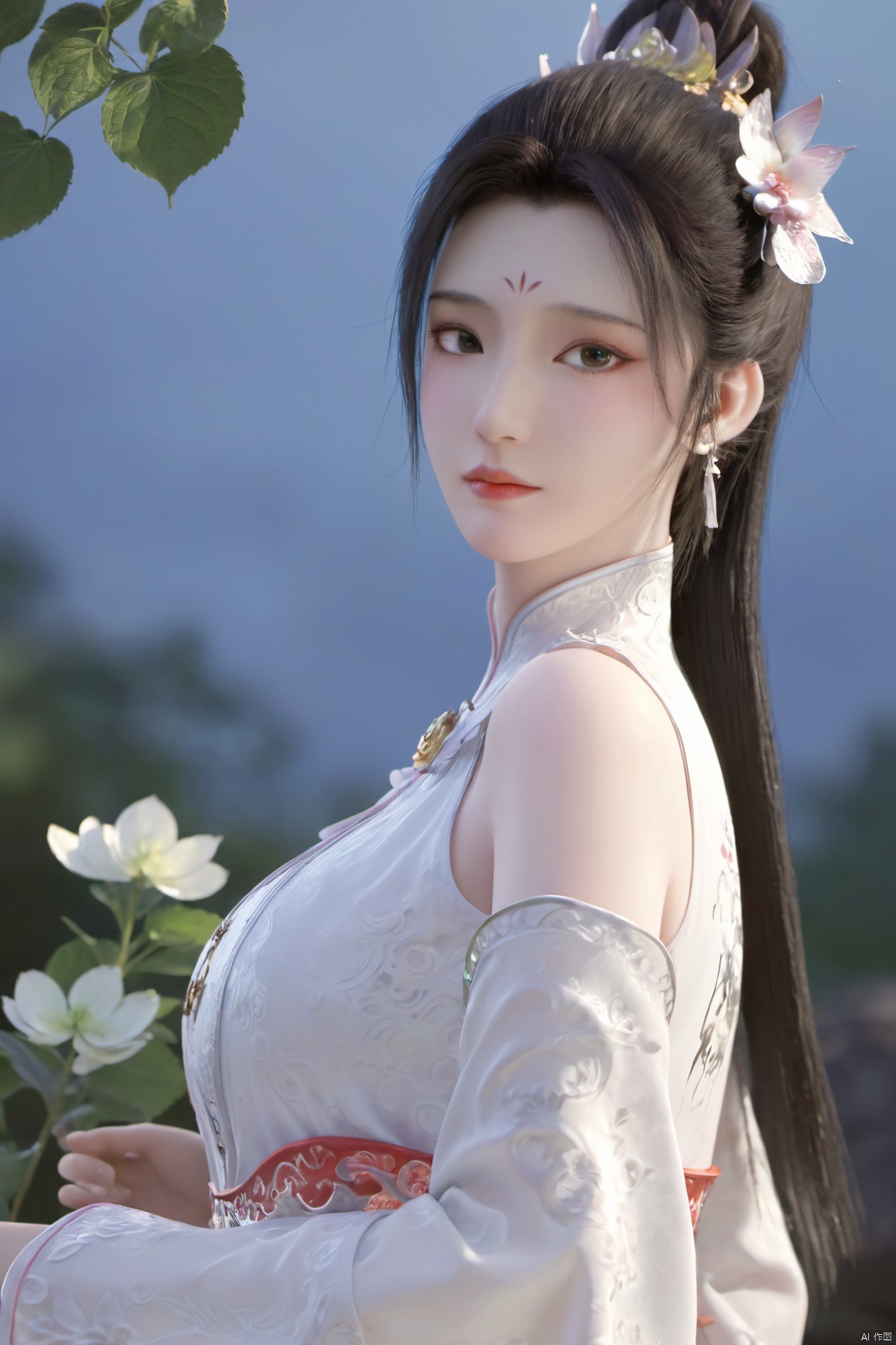 Xbaihehuai,1girl,solo,looking_at_viewer, (big breasts:1.53),moon, X-Hydrangea, Yunxiao_xianzi, Xcheongsam,Xtianxiwei,