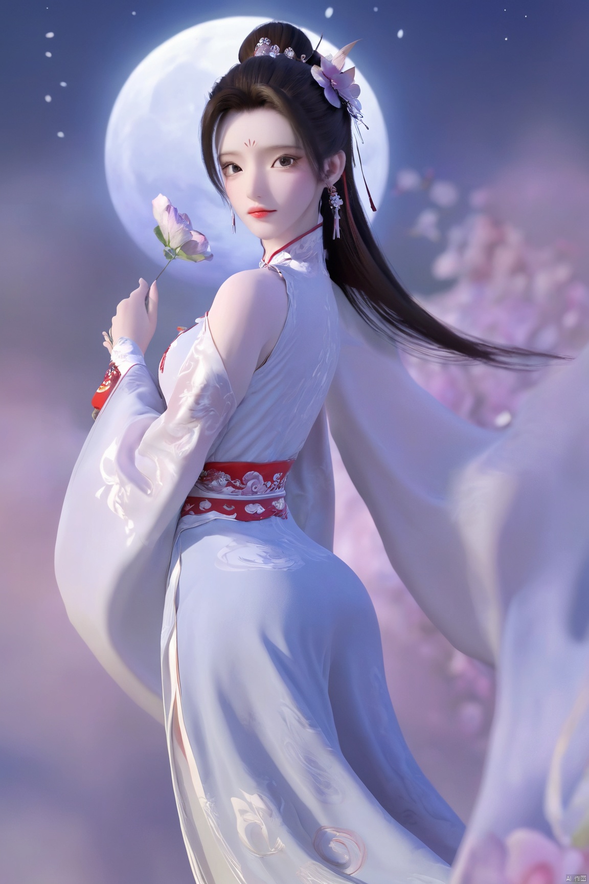 Xbaihehuai,1girl,solo,looking_at_viewer, (big breasts:1.53),moon, X-Hydrangea, Yunxiao_xianzi, Xcheongsam,Xtianxiwei,