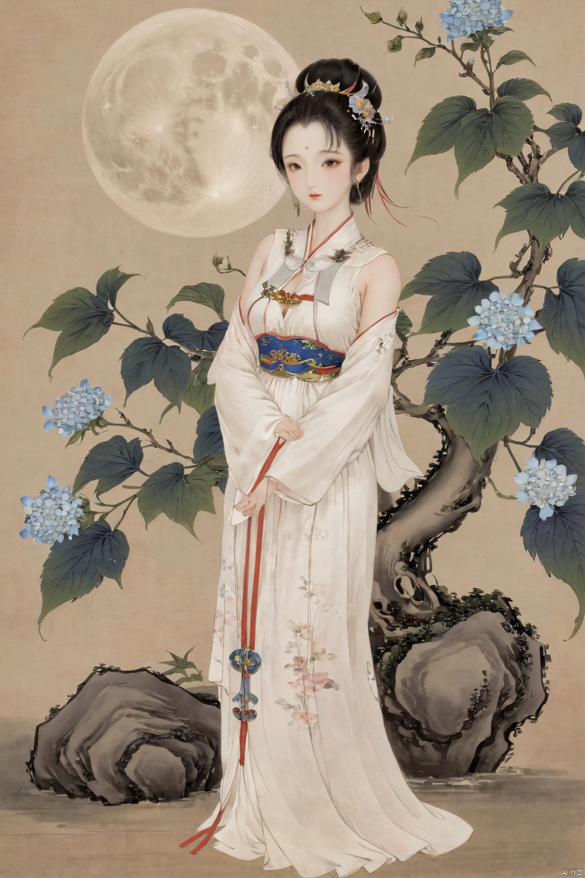 Xbaihehuai,1girl,solo,looking_at_viewer, (big breasts:1.53),moon, X-Hydrangea, Yunxiao_xianzi, Xcheongsam,Xtianxiwei, traditional chinese ink painting