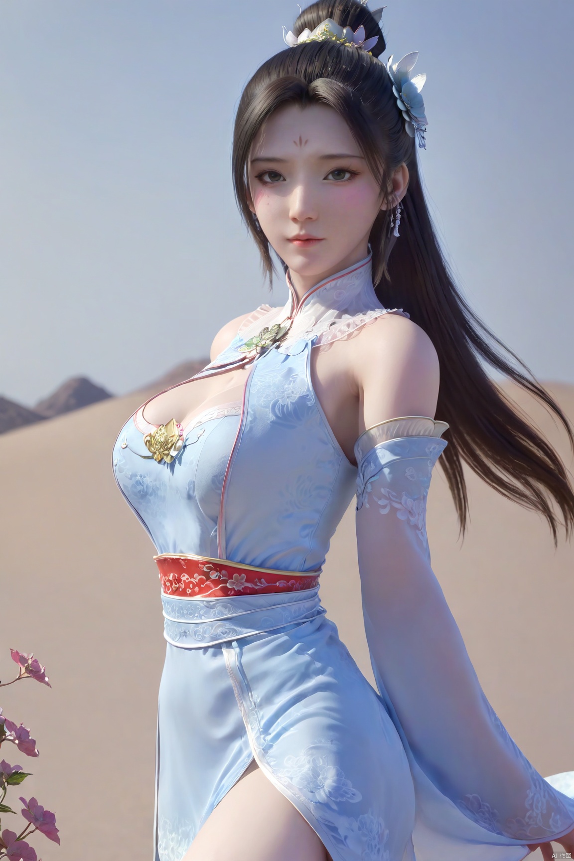 Xbaihehuai,1girl,solo,looking_at_viewer, (big breasts:1.23), X-Hydrangea, Yunxiao_xianzi, Xcheongsam,Xtianxiwei, desert_sky