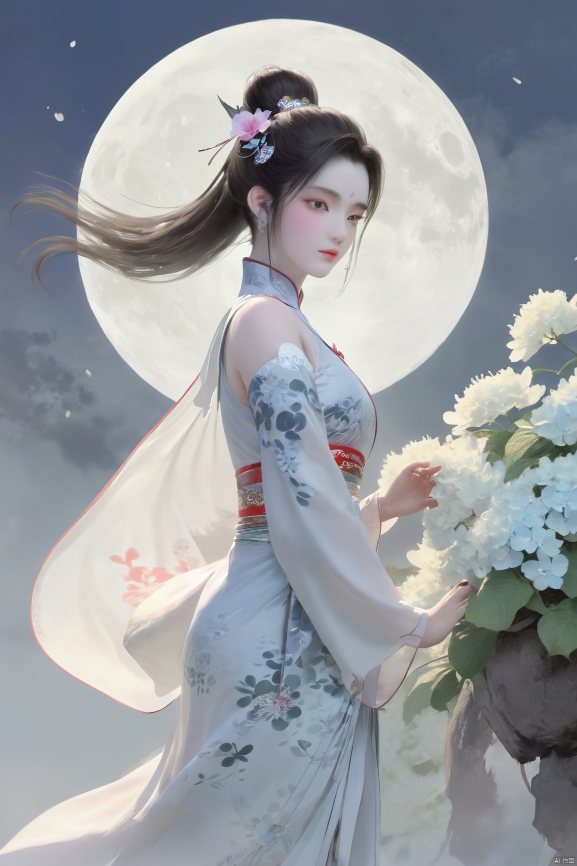 Xbaihehuai,1girl,solo,looking_at_viewer, (big breasts:1.53),moon, X-Hydrangea, Yunxiao_xianzi, Xcheongsam,Xtianxiwei, traditional chinese ink painting