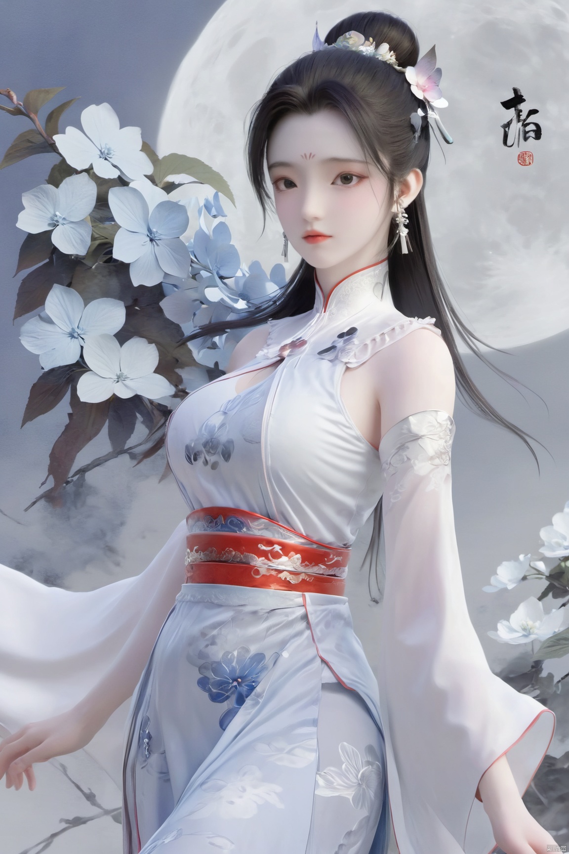 Xbaihehuai,1girl,solo,looking_at_viewer, (big breasts:1.53),moon, X-Hydrangea, Yunxiao_xianzi, Xcheongsam,Xtianxiwei, traditional chinese ink painting