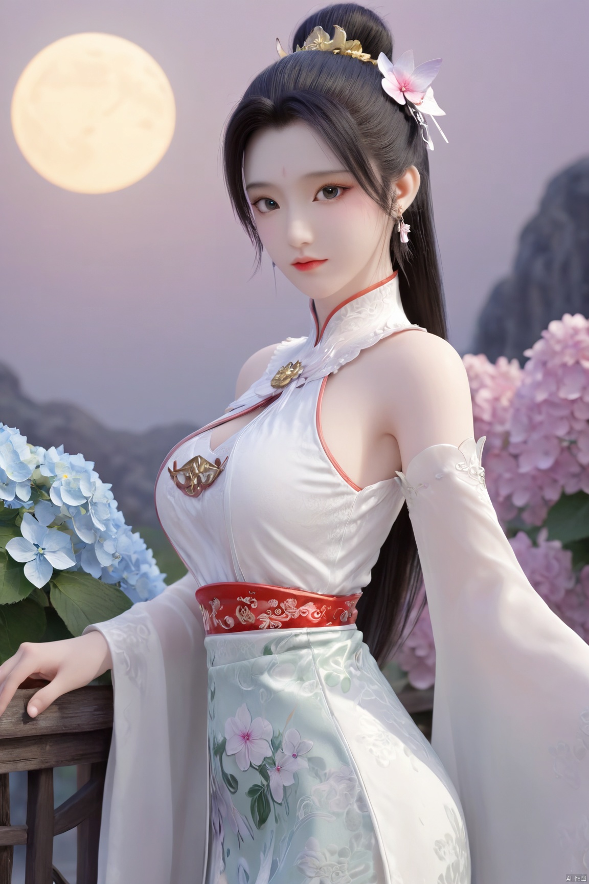 Xbaihehuai,1girl,solo,looking_at_viewer, (big breasts:1.53),moon, X-Hydrangea, Yunxiao_xianzi, Xcheongsam,Xtianxiwei,