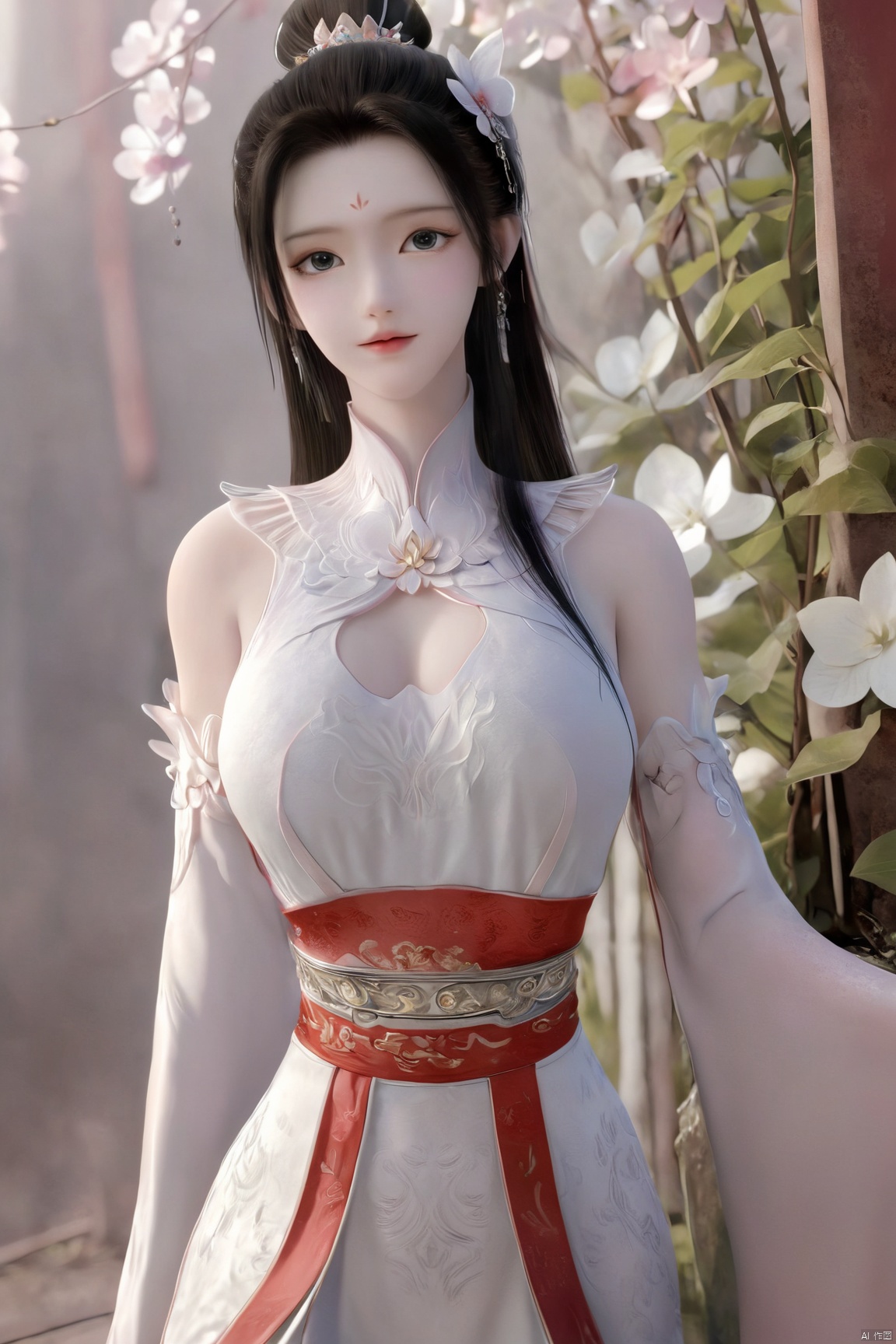 Xbaihehuai,masterpiece,(best quality),official art, extremely detailed cg 8k wallpaper,((crystalstexture skin)), (extremely delicate and beautiful),highly detailed,1girl,solo,long hair,headwear,,(black hair),(closed mouth),(standing),(chinese clothing),dress,Headwear, jewelry,,looking at the audience,Facing the camera,indoor,Street, Sunny,(whole body),looking_at_viewer, (big breasts:1.53), upper body,Xbaihehuai, ty-hd, desert_sky,X-Hydrangea,Xcheongsam,X-ziling