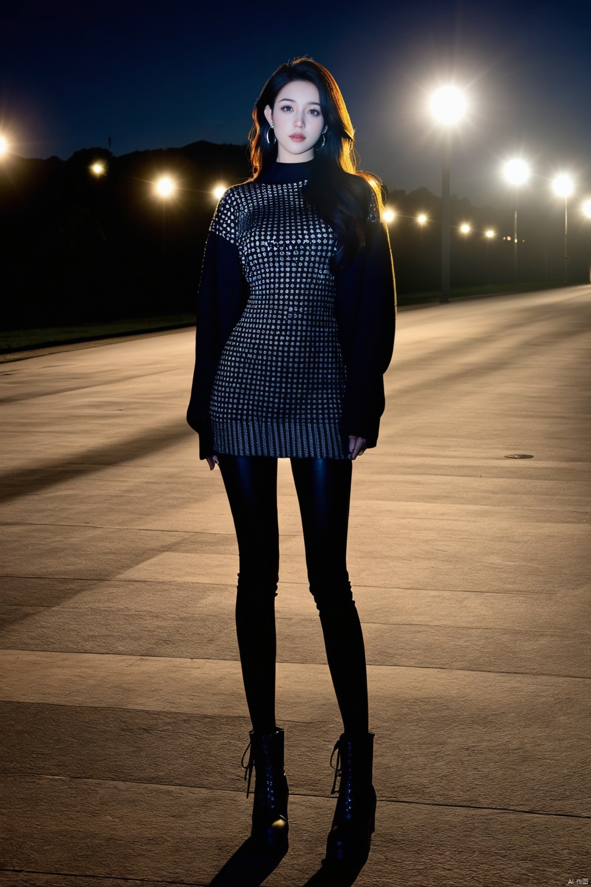 Score_9, Score_8_up, Score_7_up, reality, realistic, photorealistic, 2K, 
(best quality:1.1),ultra-detailed,absurdres,1girl , edge light,******* photo,Flash Photography,Split Lighting,front lights,font bright light,Night photography,volumetric lighting,atmospheric lighting,dramatic contrast,Shadow effect,, 1girl, solo,(masterpiece, best quality,hires,Perfect features:1.2),finely detailed eyes and face,(pale skin:1.3),cowboy shot,Wellington,, Grey_knit_sweater_dress, black_leggings, black_ankle_boots, black_leather_tote_bag, silver_hoop_earrings,GX girl