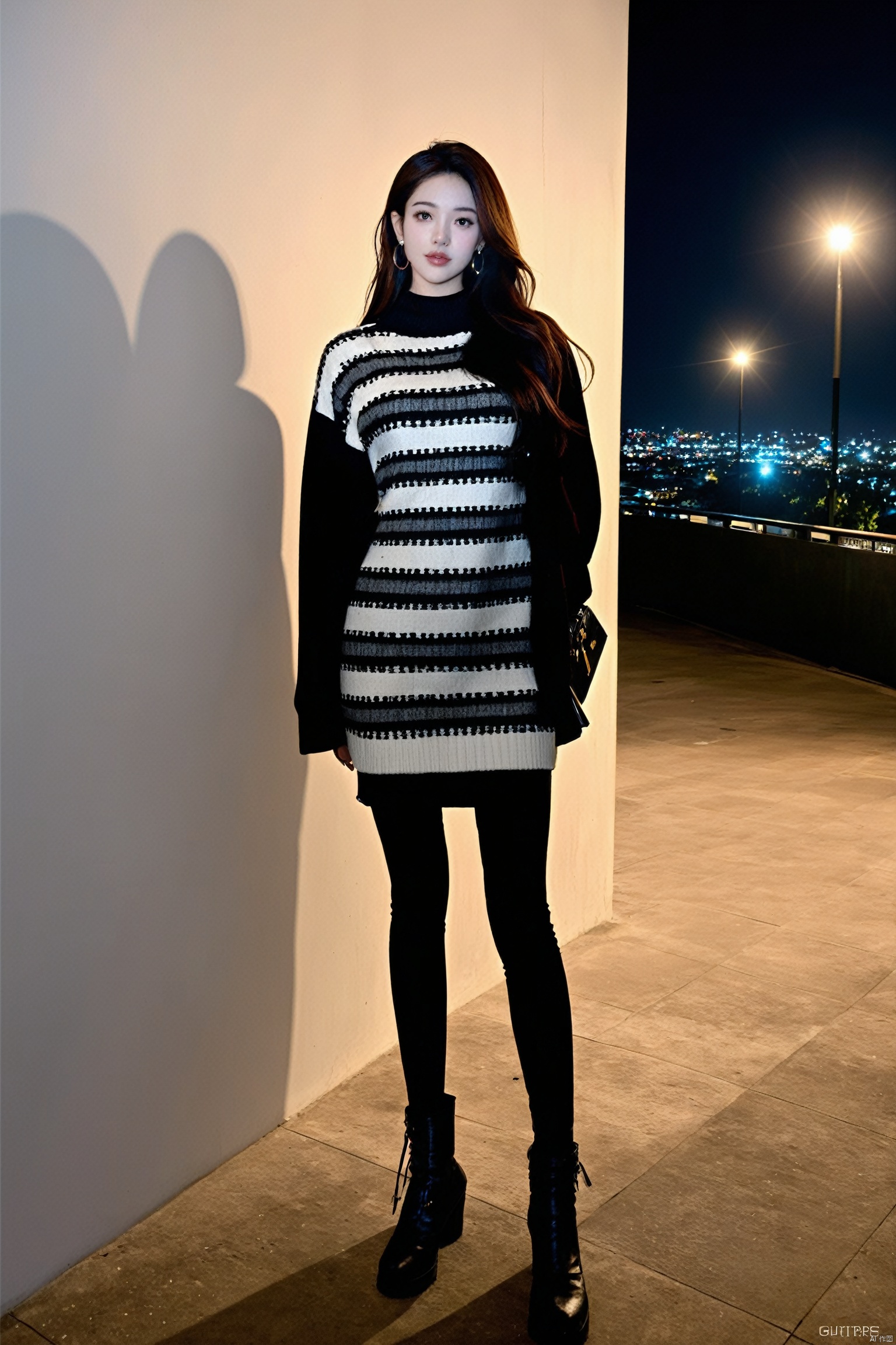 Score_9, Score_8_up, Score_7_up, reality, realistic, photorealistic, 2K, 
(best quality:1.1),ultra-detailed,absurdres,1girl , edge light,******* photo,Flash Photography,Split Lighting,front lights,font bright light,Night photography,volumetric lighting,atmospheric lighting,dramatic contrast,Shadow effect,, 1girl, solo,(masterpiece, best quality,hires,Perfect features:1.2),finely detailed eyes and face,(pale skin:1.3),cowboy shot,Wellington,, Grey_knit_sweater_dress, black_leggings, black_ankle_boots, black_leather_tote_bag, silver_hoop_earrings,GX girl