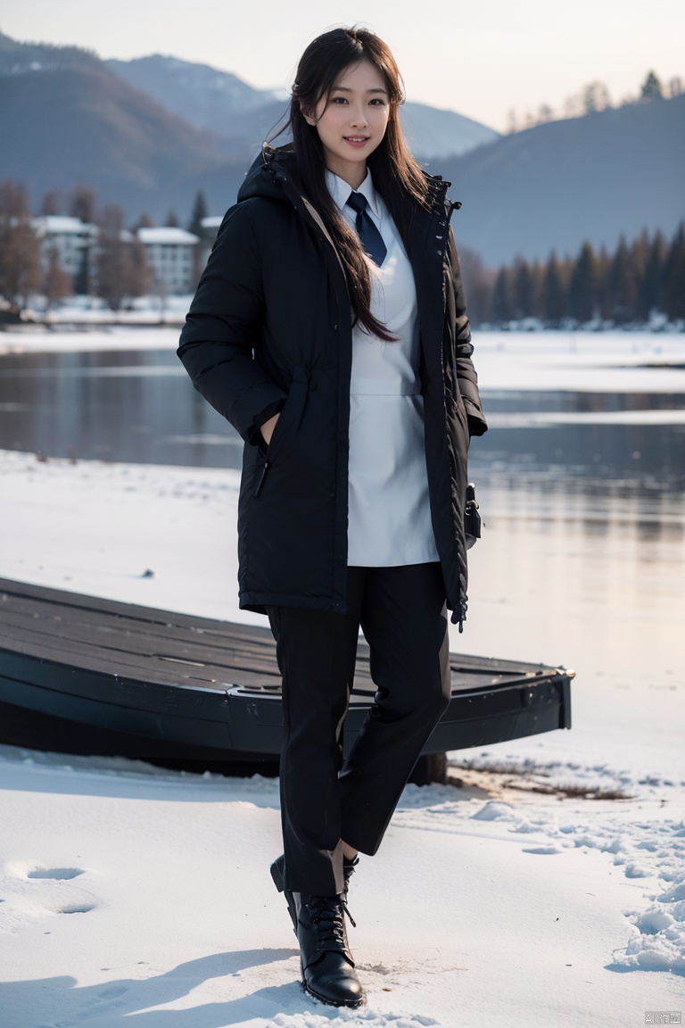 fullbody,2 people,1 girl, 1 boy,crazy smile,Studio Lighting,Wear the same Black parka,(Middle length Black parka:1.3),Slim fit parka,woolen gloves,Appear thin,necktie,SUIT PANTS,Good lighting
By Lake Baikal,Snowy scenery,Heavy snow is falling profusely,Bright sunshine,standing, Winter Lake Background
(8k, RAW photo, best quality, masterpiece:1.2),(realistic, photo-realistic:1.37),photon mapping,professional lighting,radiosity,
trousers,Simple background,mature female,Mature males,Cusp high-heeled shoes,High top leather shoes,(in winter:1.3),(photorealistic:1.2),(film grain:0.2),((Depth of field)),spoken flying sweatdrops,official art,Best quality,masterpiece,((photorealistic:1.4)),extremely delicate,intricate details,best shadow,HD photos,slr,8k,hyperdetailed,(soft light), standing,rich in detail,(exposure blend:1.3),