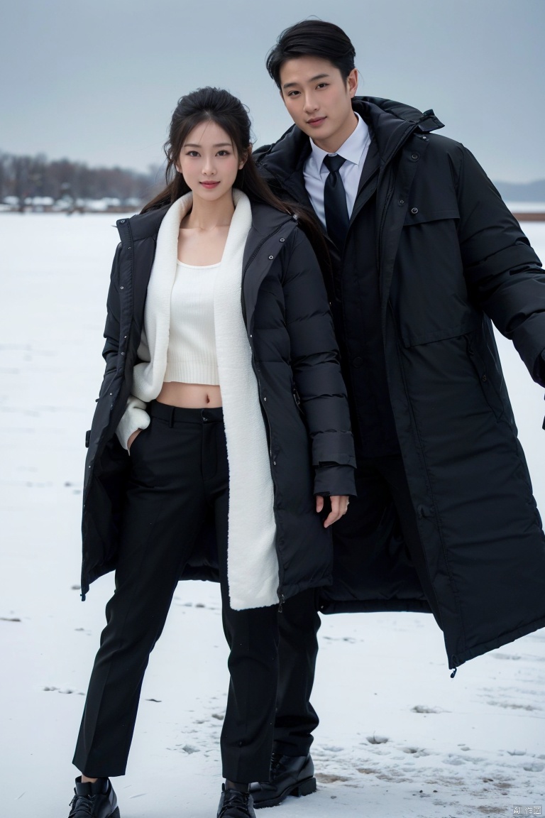 fullbody,2 people,1 girl, 1 boy,crazy smile,Studio Lighting,Wear the same Black parka,(Middle length Black parka:1.3),Slim fit parka,woolen gloves,Appear thin,necktie,SUIT PANTS,Good lighting
By Lake Baikal,Snowy scenery,Heavy snow is falling profusely,Bright sunshine,standing, Winter Lake Background
(8k, RAW photo, best quality, masterpiece:1.2),(realistic, photo-realistic:1.37),photon mapping,professional lighting,radiosity,
trousers,Simple background,mature female,Mature males,Cusp high-heeled shoes,High top leather shoes,(in winter:1.3),(photorealistic:1.2),(film grain:0.2),((Depth of field)),spoken flying sweatdrops,official art,Best quality,masterpiece,((photorealistic:1.4)),extremely delicate,intricate details,best shadow,HD photos,slr,8k,hyperdetailed,(soft light), standing,rich in detail,(exposure blend:1.3),
