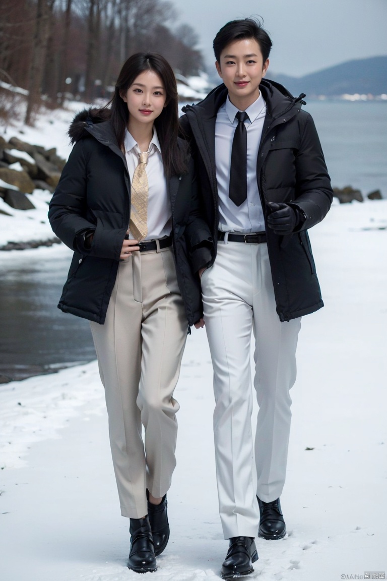 fullbody,2 people,1 girl, 1 boy,crazy smile,Studio Lighting,Wear the same Black parka,(Middle length Black parka:1.3),Slim fit parka,woolen gloves,Appear thin,necktie,SUIT PANTS,Good lighting
By Lake Baikal,Snowy scenery,Heavy snow is falling profusely,Bright sunshine,standing, Winter Lake Background
(8k, RAW photo, best quality, masterpiece:1.2),(realistic, photo-realistic:1.37),photon mapping,professional lighting,radiosity,
trousers,Simple background,mature female,Mature males,Cusp high-heeled shoes,High top leather shoes,(in winter:1.3),(photorealistic:1.2),(film grain:0.2),((Depth of field)),spoken flying sweatdrops,official art,Best quality,masterpiece,((photorealistic:1.4)),extremely delicate,intricate details,best shadow,HD photos,slr,8k,hyperdetailed,(soft light), standing,rich in detail,(exposure blend:1.3),
