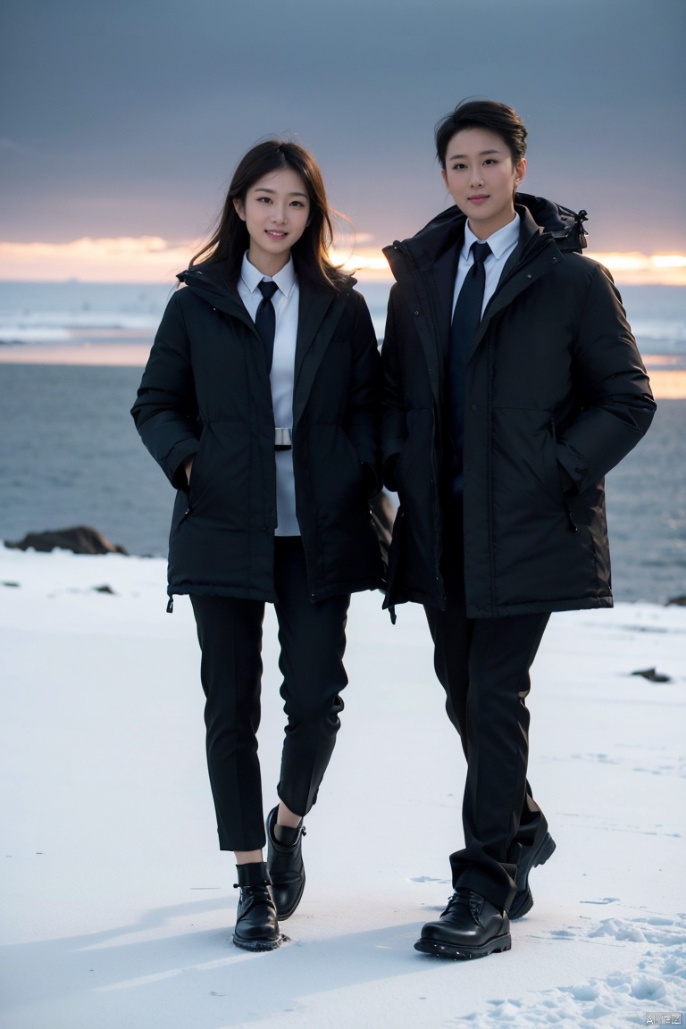 fullbody,2 people,1 girl, 1 boy,crazy smile,Studio Lighting,Wear the same Black parka,(Middle length Black parka:1.3),Slim fit parka,woolen gloves,Appear thin,necktie,SUIT PANTS,Good lighting
By Lake Baikal,Snowy scenery,Heavy snow is falling profusely,Bright sunshine,standing, Winter Lake Background
(8k, RAW photo, best quality, masterpiece:1.2),(realistic, photo-realistic:1.37),photon mapping,professional lighting,radiosity,
trousers,Simple background,mature female,Mature males,Cusp high-heeled shoes,High top leather shoes,(in winter:1.3),(photorealistic:1.2),(film grain:0.2),((Depth of field)),spoken flying sweatdrops,official art,Best quality,masterpiece,((photorealistic:1.4)),extremely delicate,intricate details,best shadow,HD photos,slr,8k,hyperdetailed,(soft light), standing,rich in detail,(exposure blend:1.3),