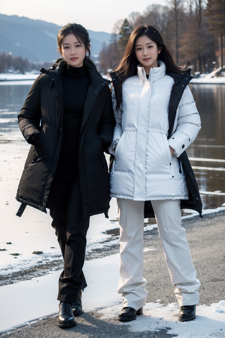 fullbody,2 people,1 girl, 1 boy,crazy smile,Studio Lighting,Wear the same Black parka,(Middle length Black parka:1.3),Slim fit parka,woolen gloves,Appear thin,necktie,SUIT PANTS,Good lighting
By Lake Baikal,Snowy scenery,Heavy snow is falling profusely,Bright sunshine,standing, Winter Lake Background
(8k, RAW photo, best quality, masterpiece:1.2),(realistic, photo-realistic:1.37),photon mapping,professional lighting,radiosity,
trousers,Simple background,mature female,Mature males,Cusp high-heeled shoes,High top leather shoes,(in winter:1.3),(photorealistic:1.2),(film grain:0.2),((Depth of field)),spoken flying sweatdrops,official art,Best quality,masterpiece,((photorealistic:1.4)),extremely delicate,intricate details,best shadow,HD photos,slr,8k,hyperdetailed,(soft light), standing,rich in detail,(exposure blend:1.3),