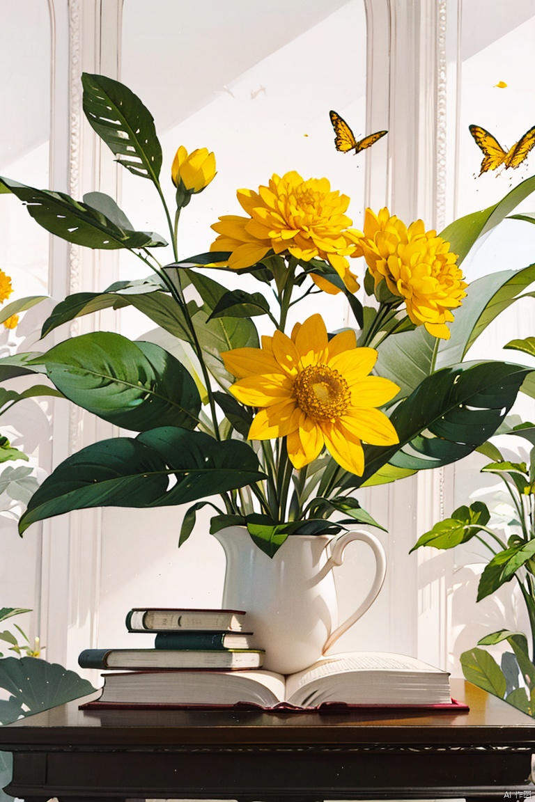 flower, book, no humans, leaf, plant, yellow flower, still life