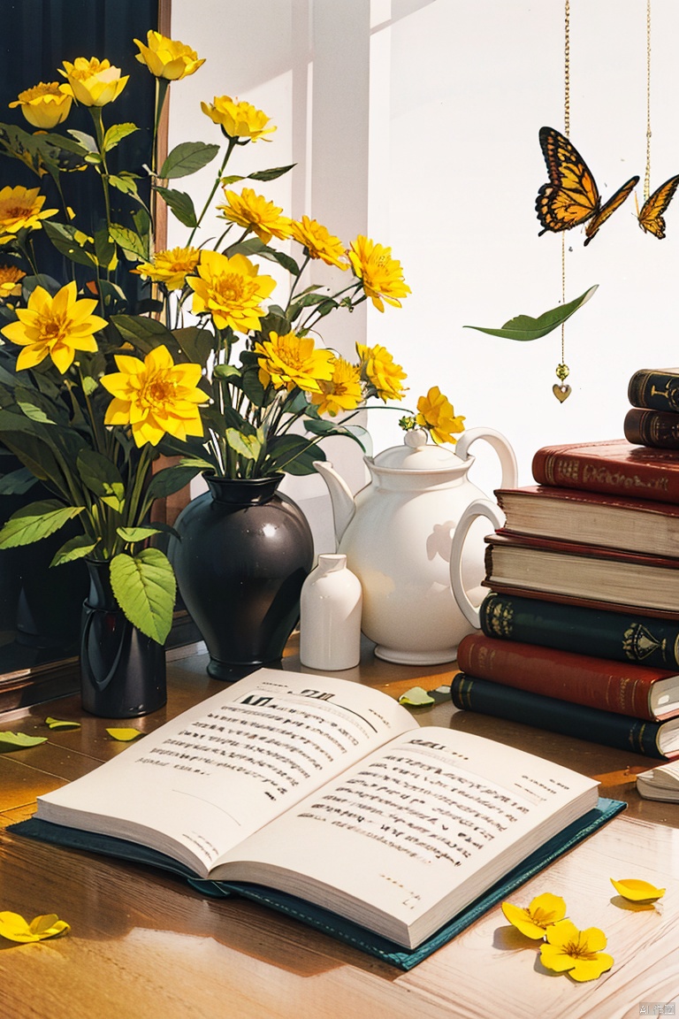 flower, book, no humans, leaf, plant, yellow flower, still life