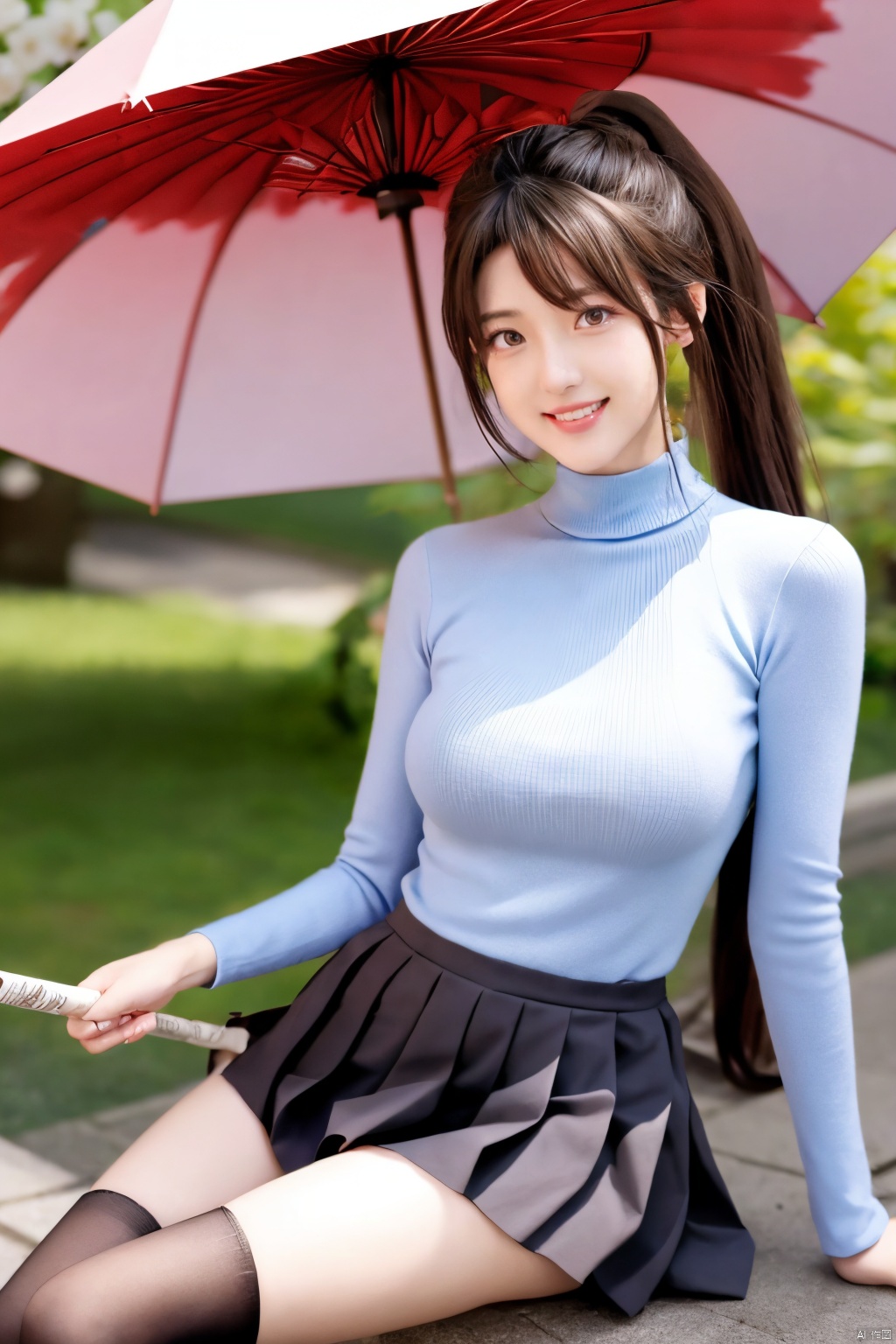 ((HRD, HUD, 8K)),((masterpiece, best quality)), highly detailed,1girl, yamato (kancolle), long hair, solo, umbrella, ponytail, skirt, brown hair, very long hair, hair ornament, thighhighs, breasts, oil-paper umbrella, flower, single thighhigh, hair flower, detached sleeves, sitting, brown eyes, large breasts, headgear, cherry blossoms, red umbrella, smile, looking at viewer, miniskirt, pleated skirt,Xguofengshouban, blind box effect