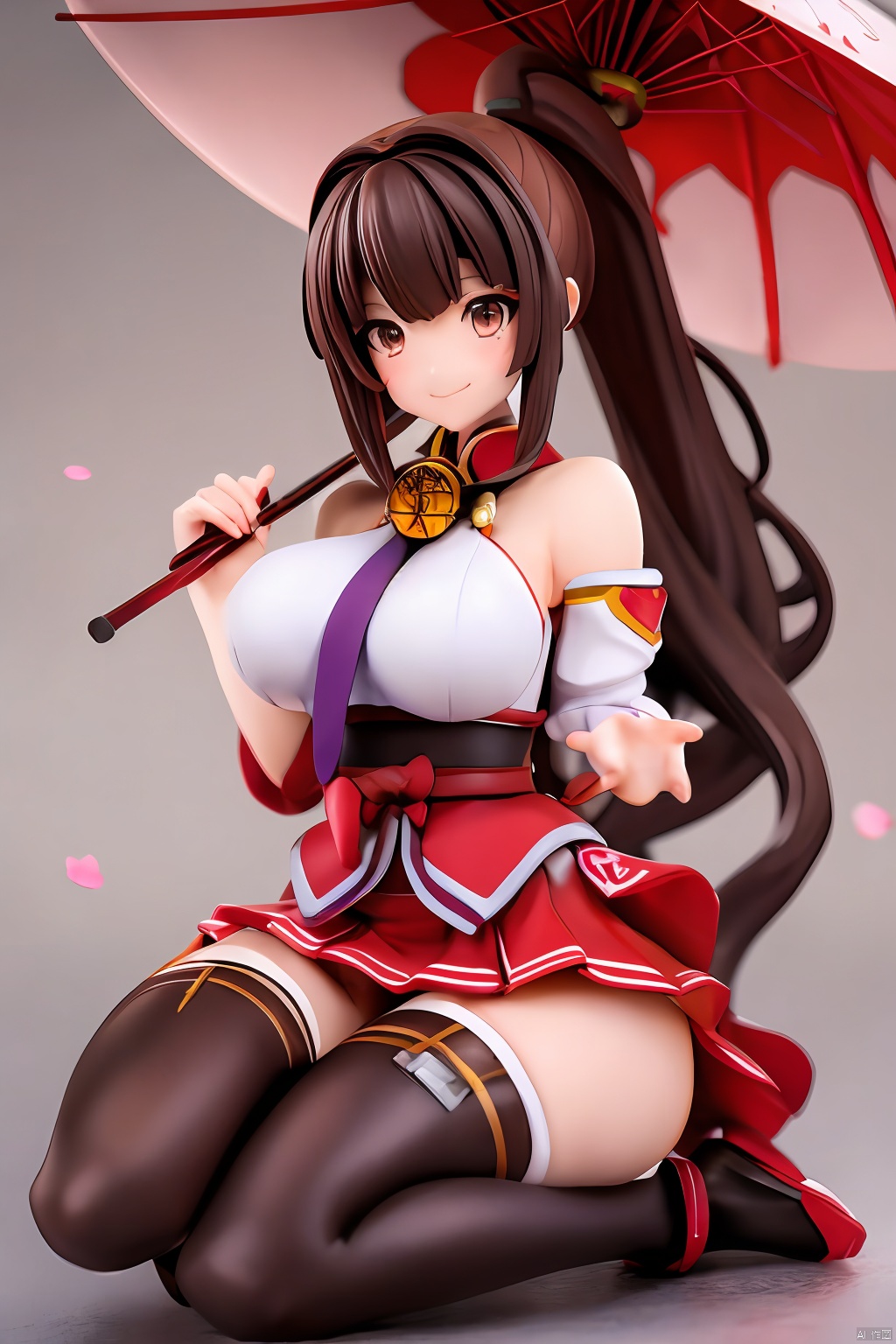 ((HRD, HUD, 8K)),((masterpiece, best quality)), highly detailed,1girl, yamato (kancolle), long hair, solo, umbrella, ponytail, skirt, brown hair, very long hair, hair ornament, thighhighs, breasts, oil-paper umbrella, flower, single thighhigh, hair flower, detached sleeves, sitting, brown eyes, large breasts, headgear, cherry blossoms, red umbrella, smile, looking at viewer, miniskirt, pleated skirt,Xguofengshouban, blind box effect