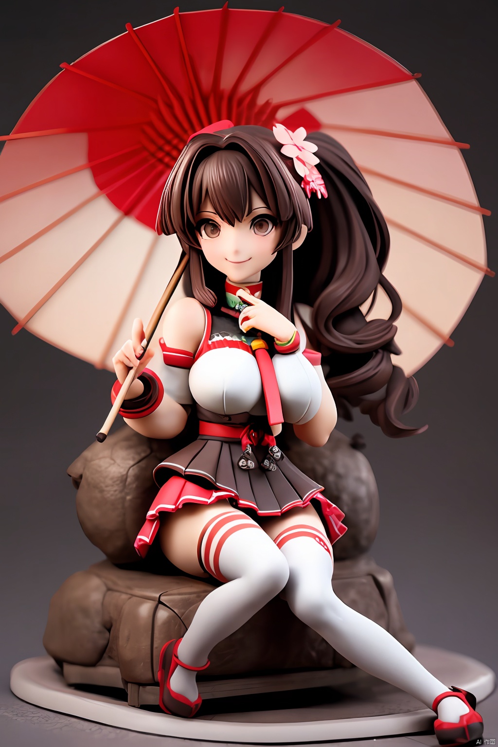 ((HRD, HUD, 8K)),((masterpiece, best quality)), highly detailed,1girl, yamato (kancolle), long hair, solo, umbrella, ponytail, skirt, brown hair, very long hair, hair ornament, thighhighs, breasts, oil-paper umbrella, flower, single thighhigh, hair flower, detached sleeves, sitting, brown eyes, large breasts, headgear, cherry blossoms, red umbrella, smile, looking at viewer, miniskirt, pleated skirt,Xguofengshouban, blind box effect