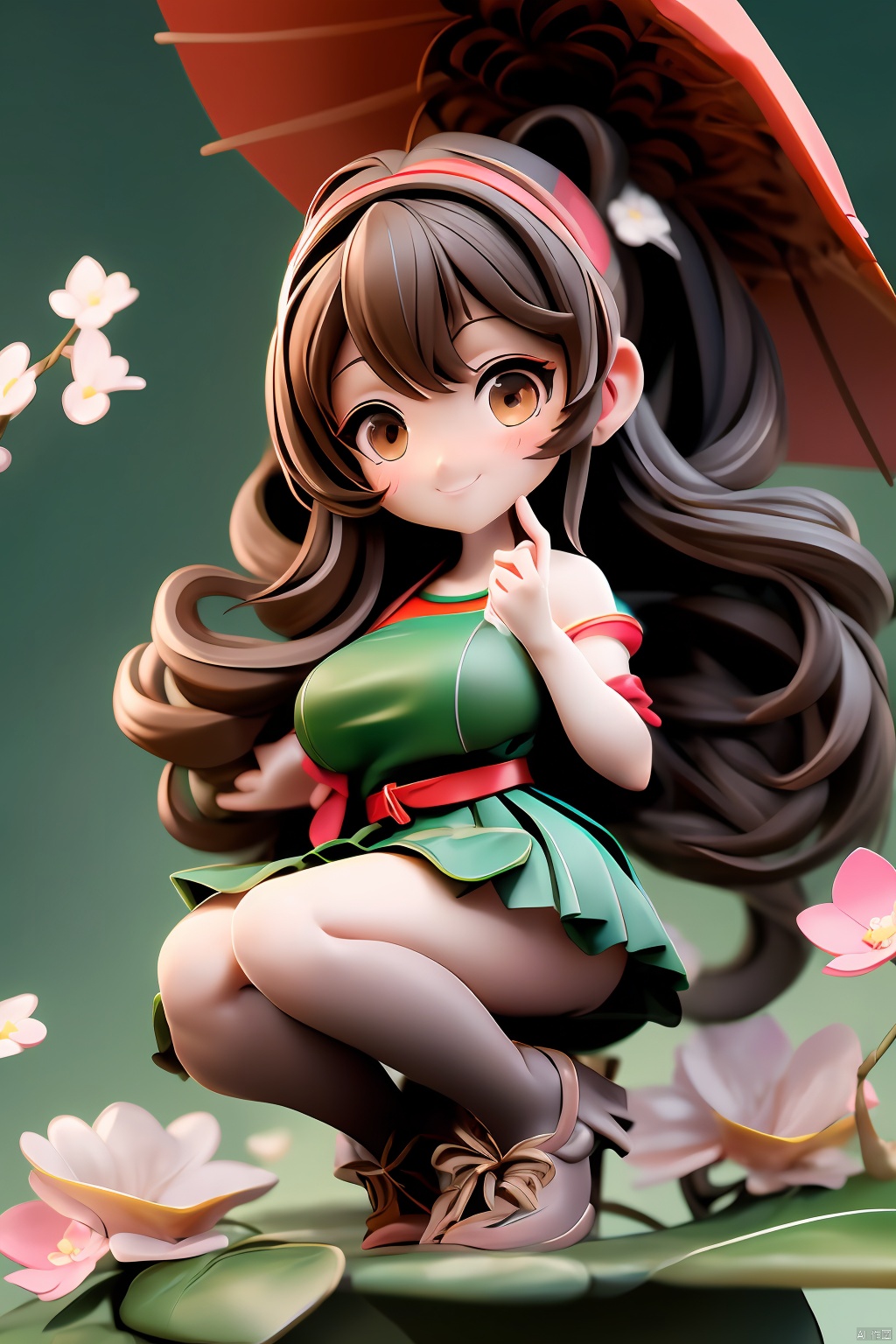 ((HRD, HUD, 8K)),((masterpiece, best quality)), highly detailed,1girl, yamato (kancolle), long hair, solo, umbrella, ponytail, skirt, brown hair, very long hair, hair ornament, thighhighs, breasts, oil-paper umbrella, flower, single thighhigh, hair flower, detached sleeves, sitting, brown eyes, large breasts, headgear, cherry blossoms, red umbrella, smile, looking at viewer, miniskirt, pleated skirt,Xguofengshouban, blind box effect