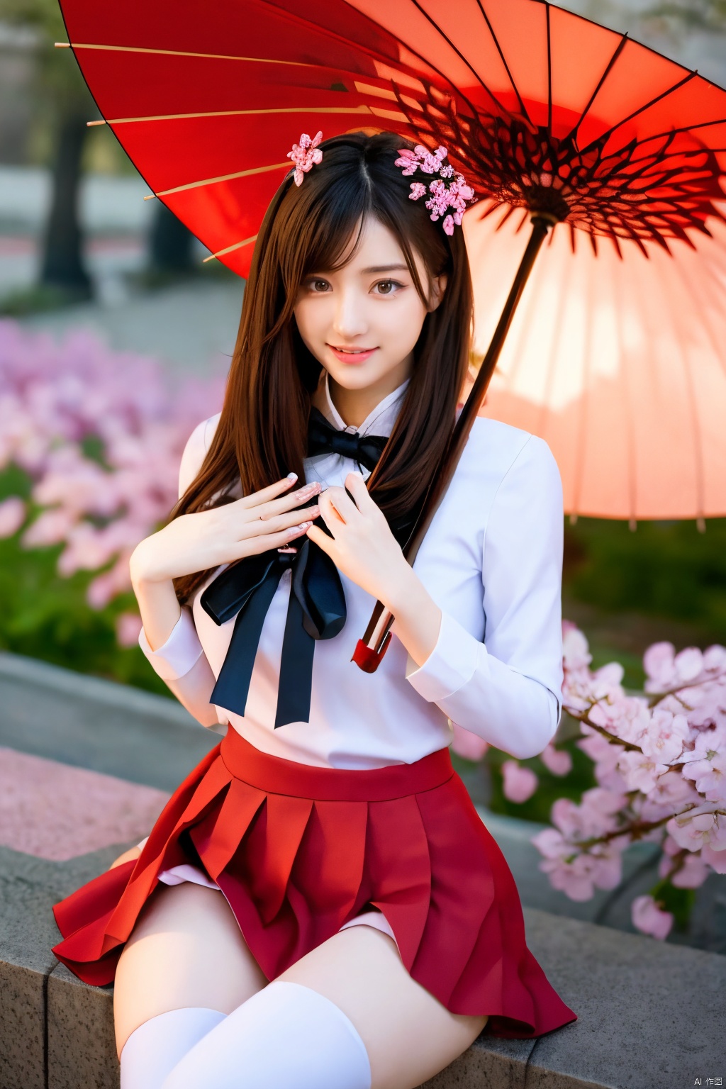 ((HRD, HUD, 8K)),((masterpiece, best quality)), highly detailed,1girl, yamato (kancolle), long hair, solo, umbrella, ponytail, skirt, brown hair, very long hair, hair ornament, thighhighs, breasts, oil-paper umbrella, flower, single thighhigh, hair flower, detached sleeves, sitting, brown eyes, large breasts, headgear, cherry blossoms, red umbrella, smile, looking at viewer, miniskirt, pleated skirt,Xguofengshouban, blind box effect