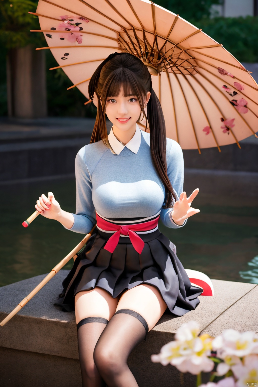 ((HRD, HUD, 8K)),((masterpiece, best quality)), highly detailed,1girl, yamato (kancolle), long hair, solo, umbrella, ponytail, skirt, brown hair, very long hair, hair ornament, thighhighs, breasts, oil-paper umbrella, flower, single thighhigh, hair flower, detached sleeves, sitting, brown eyes, large breasts, headgear, cherry blossoms, red umbrella, smile, looking at viewer, miniskirt, pleated skirt,Xguofengshouban, blind box effect