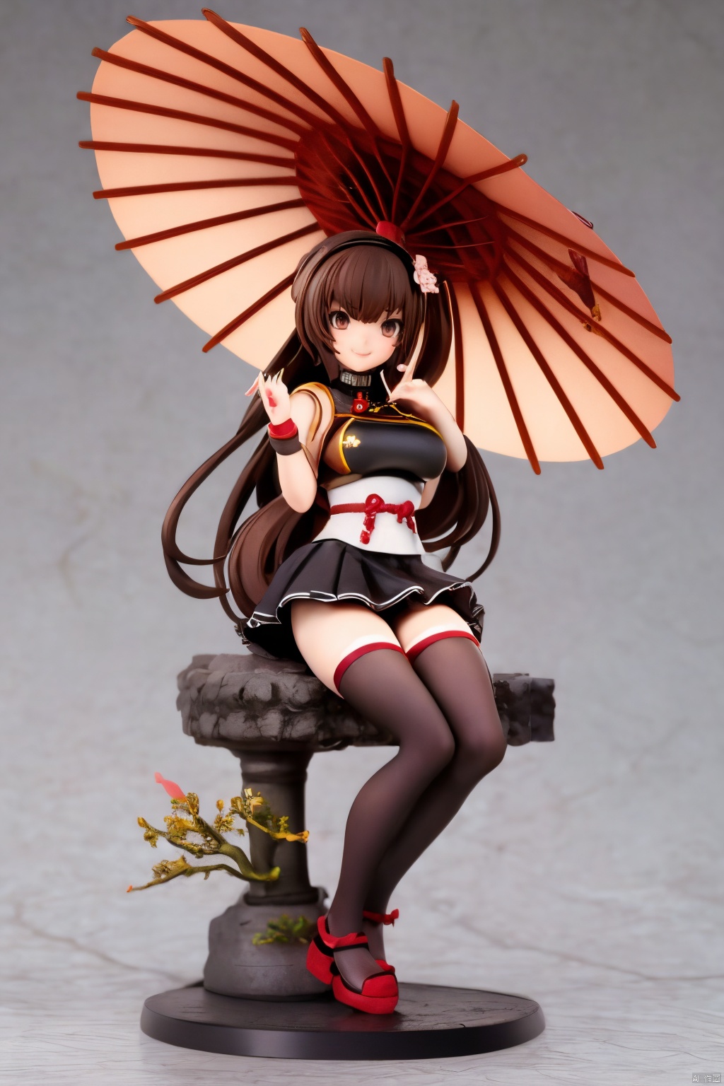 ((HRD, HUD, 8K)),((masterpiece, best quality)), highly detailed,1girl, yamato (kancolle), long hair, solo, umbrella, ponytail, skirt, brown hair, very long hair, hair ornament, thighhighs, breasts, oil-paper umbrella, flower, single thighhigh, hair flower, detached sleeves, sitting, brown eyes, large breasts, headgear, cherry blossoms, red umbrella, smile, looking at viewer, miniskirt, pleated skirt,Xguofengshouban, blind box effect