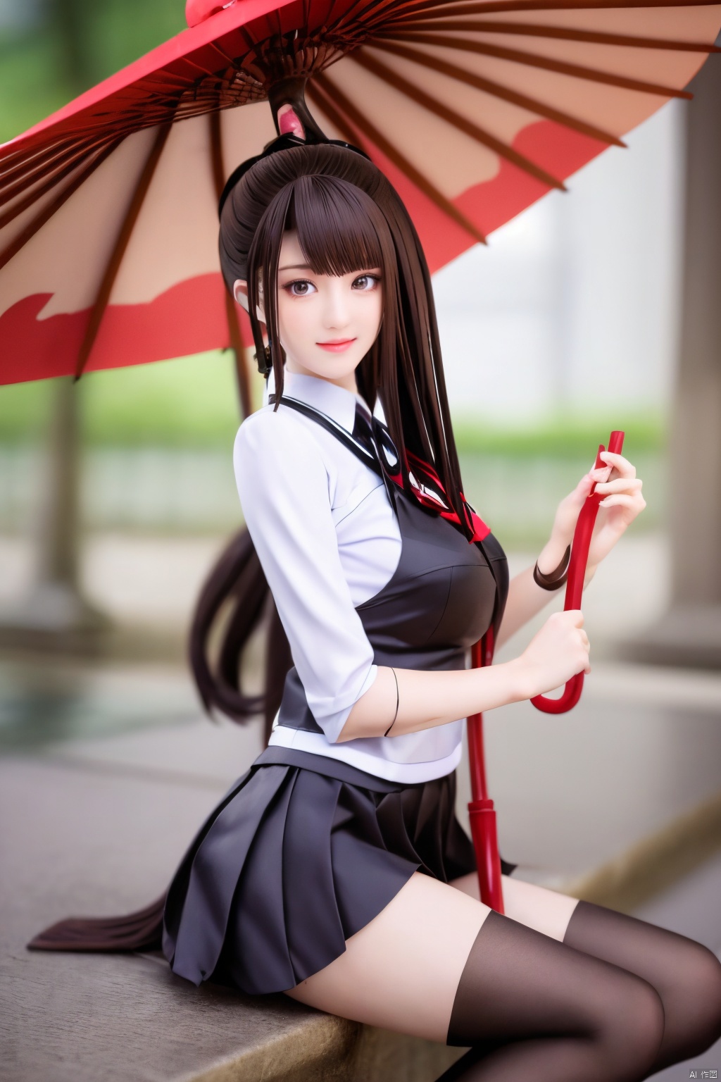 ((HRD, HUD, 8K)),((masterpiece, best quality)), highly detailed,1girl, yamato (kancolle), long hair, solo, umbrella, ponytail, skirt, brown hair, very long hair, hair ornament, thighhighs, breasts, oil-paper umbrella, flower, single thighhigh, hair flower, detached sleeves, sitting, brown eyes, large breasts, headgear, cherry blossoms, red umbrella, smile, looking at viewer, miniskirt, pleated skirt,Xguofengshouban, blind box effect