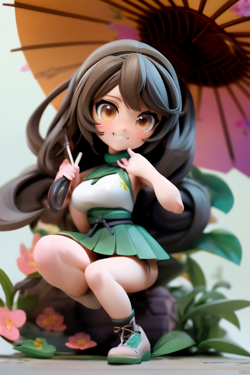 ((HRD, HUD, 8K)),((masterpiece, best quality)), highly detailed,1girl, yamato (kancolle), long hair, solo, umbrella, ponytail, skirt, brown hair, very long hair, hair ornament, thighhighs, breasts, oil-paper umbrella, flower, single thighhigh, hair flower, detached sleeves, sitting, brown eyes, large breasts, headgear, cherry blossoms, red umbrella, smile, looking at viewer, miniskirt, pleated skirt,Xguofengshouban, blind box effect