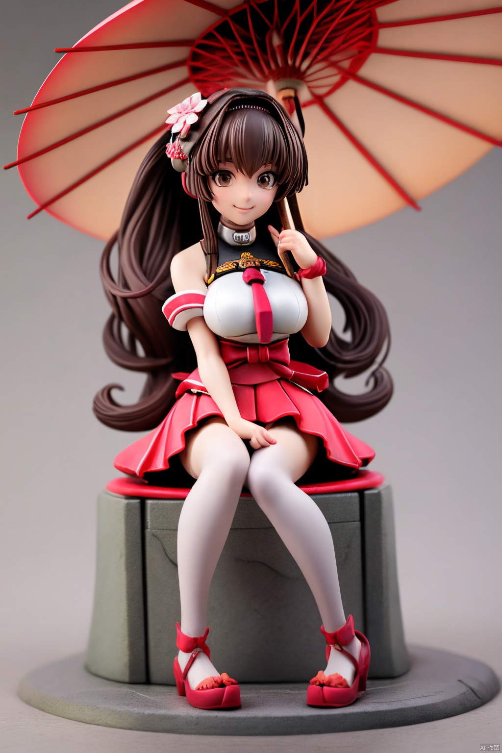 ((HRD, HUD, 8K)),((masterpiece, best quality)), highly detailed,1girl, yamato (kancolle), long hair, solo, umbrella, ponytail, skirt, brown hair, very long hair, hair ornament, thighhighs, breasts, oil-paper umbrella, flower, single thighhigh, hair flower, detached sleeves, sitting, brown eyes, large breasts, headgear, cherry blossoms, red umbrella, smile, looking at viewer, miniskirt, pleated skirt,Xguofengshouban, blind box effect