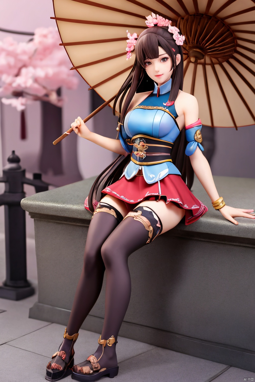 ((HRD, HUD, 8K)),((masterpiece, best quality)), highly detailed,1girl, yamato (kancolle), long hair, solo, umbrella, ponytail, skirt, brown hair, very long hair, hair ornament, thighhighs, breasts, oil-paper umbrella, flower, single thighhigh, hair flower, detached sleeves, sitting, brown eyes, large breasts, headgear, cherry blossoms, red umbrella, smile, looking at viewer, miniskirt, pleated skirt,Xguofengshouban, blind box effect