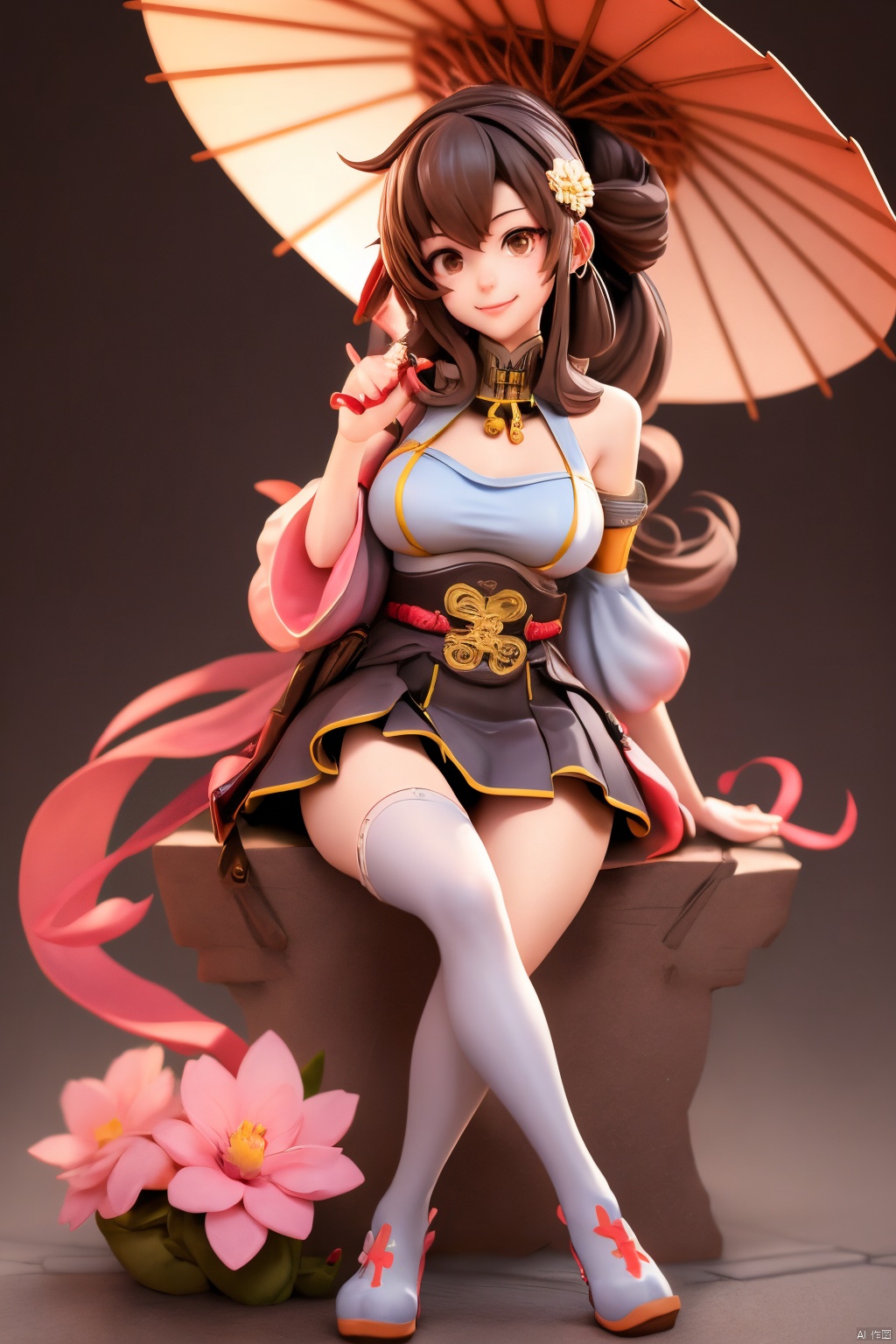 ((HRD, HUD, 8K)),((masterpiece, best quality)), highly detailed,1girl, yamato (kancolle), long hair, solo, umbrella, ponytail, skirt, brown hair, very long hair, hair ornament, thighhighs, breasts, oil-paper umbrella, flower, single thighhigh, hair flower, detached sleeves, sitting, brown eyes, large breasts, headgear, cherry blossoms, red umbrella, smile, looking at viewer, miniskirt, pleated skirt,Xguofengshouban, blind box effect