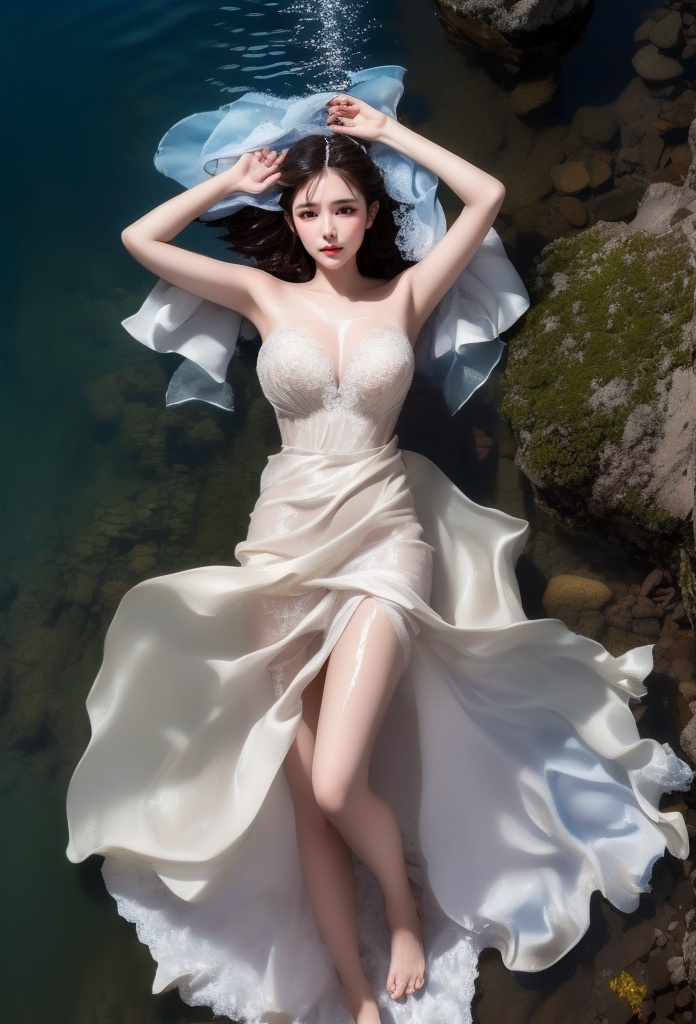 1 beauty lying in the water in a beautiful style,  her skin is (wet),  she wears tight short bridal dress on Tensor.Art
