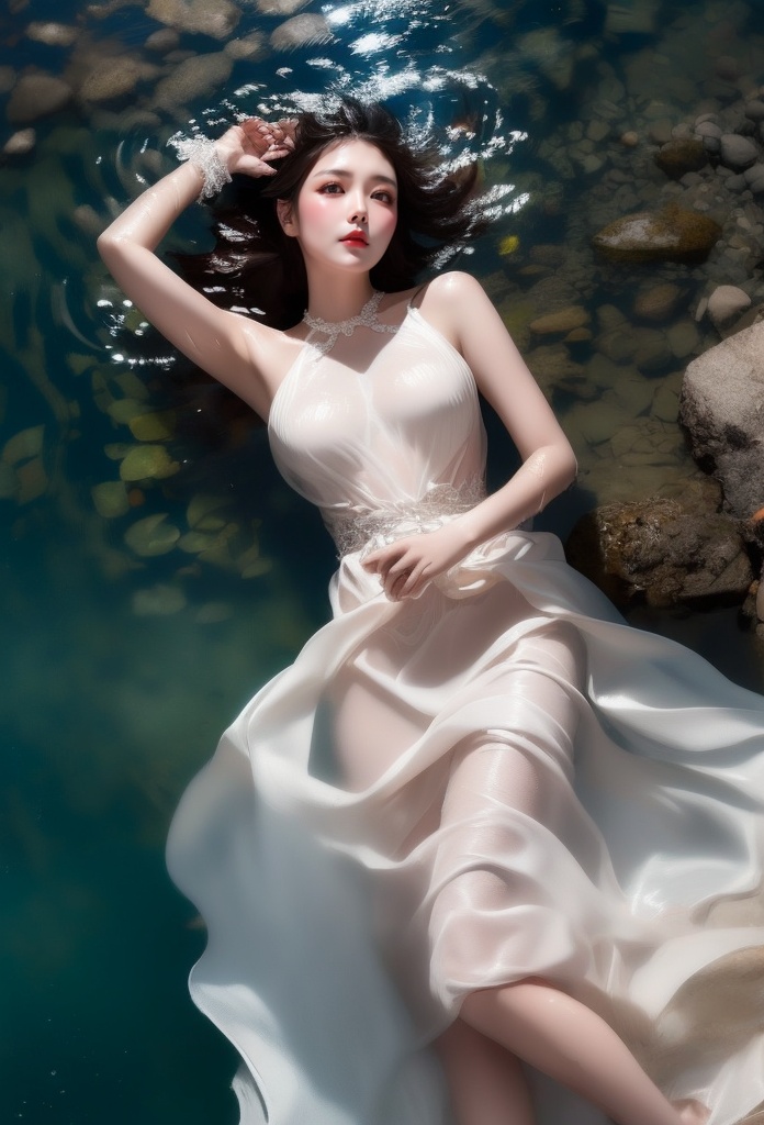 1 beauty lying in the water in a beautiful style,  her skin is (wet),  she wears tight short bridal dress on Tensor.Art