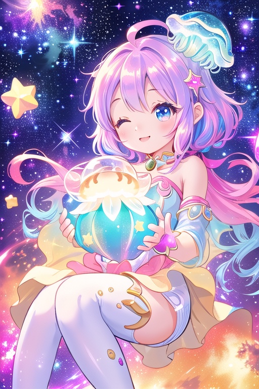 Here's a prompt for this panel: In a whimsical zero-gravity scene,  our chibi space explorer floats playfully amidst radia...