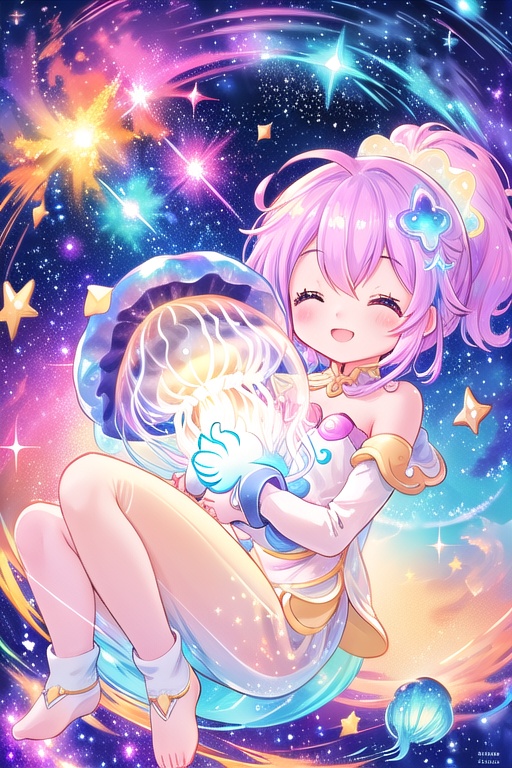 Here's a prompt for this panel: In a whimsical zero-gravity scene,  our chibi space explorer floats playfully amidst radia...