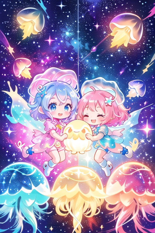 Here's a prompt for this panel: In a whimsical zero-gravity scene,  our chibi space explorer floats playfully amidst radia...