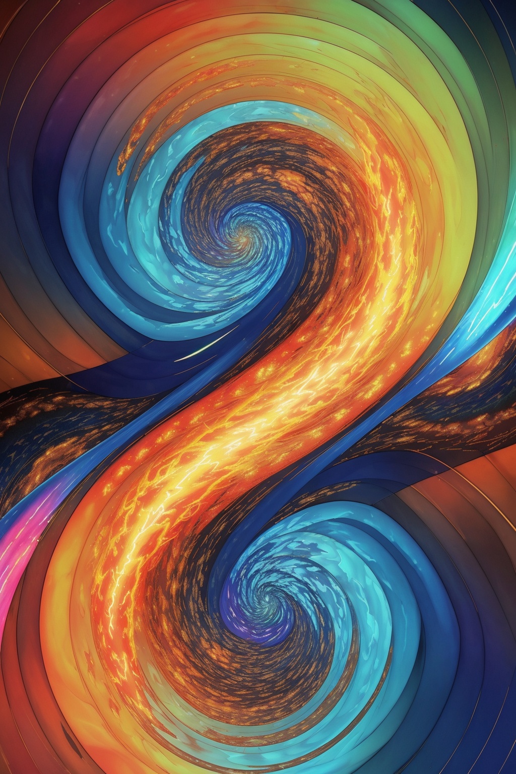 An abstract representation of a vortex where all four elements converge. The vortex is a swirling mass of vibrant colors a...