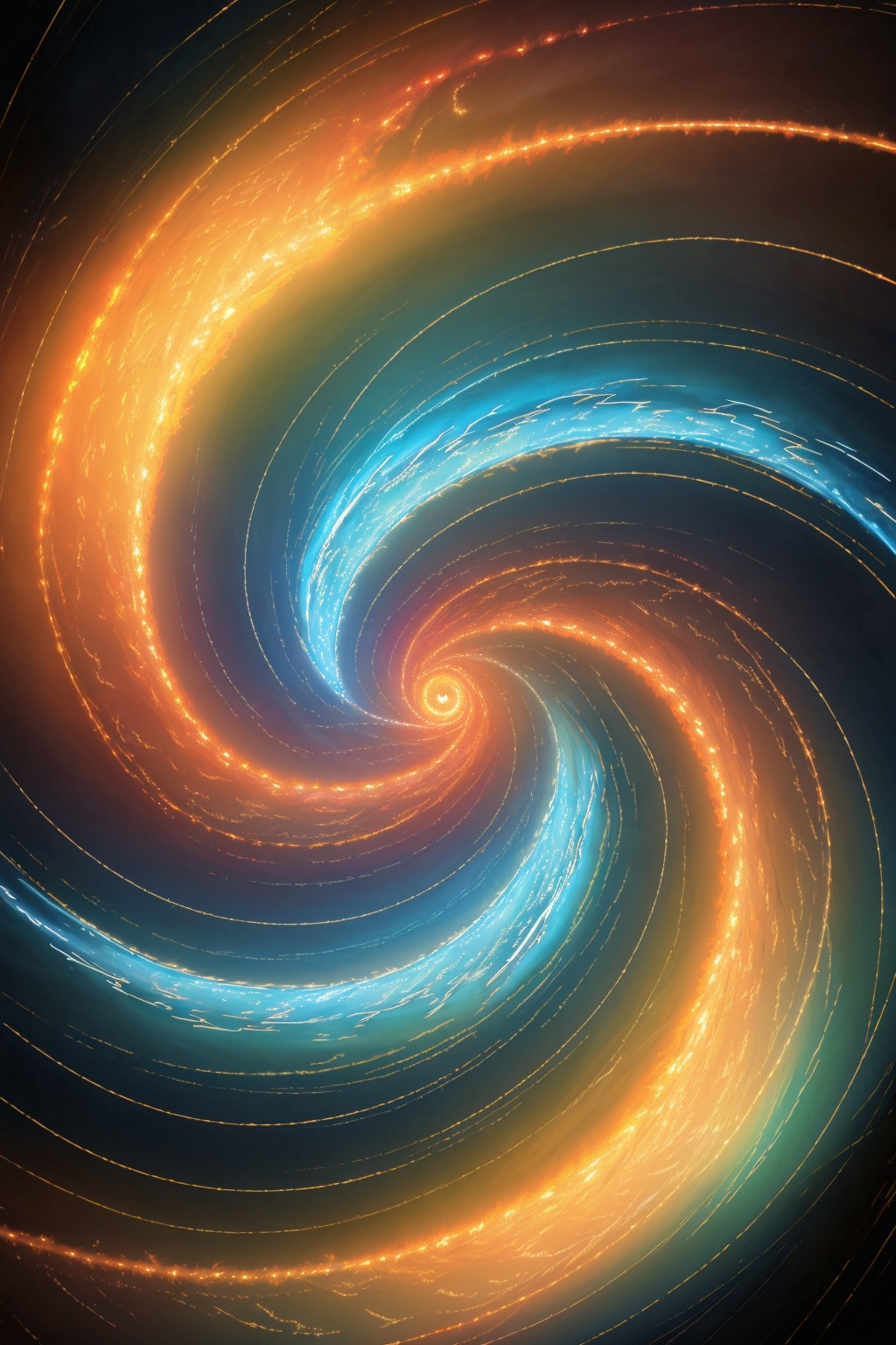 An abstract representation of a vortex where all four elements converge. The vortex is a swirling mass of vibrant colors a...