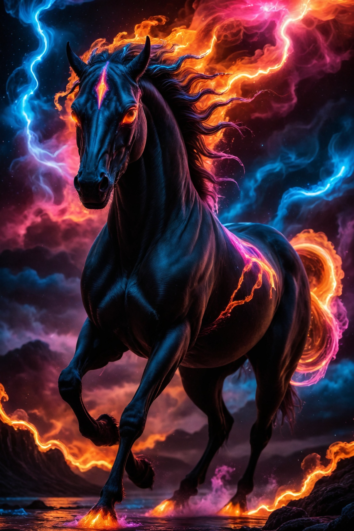A visually striking dark fantasy portrait of a majestic horse galloping through a stormy,  fiery landscape. The horse's gl...