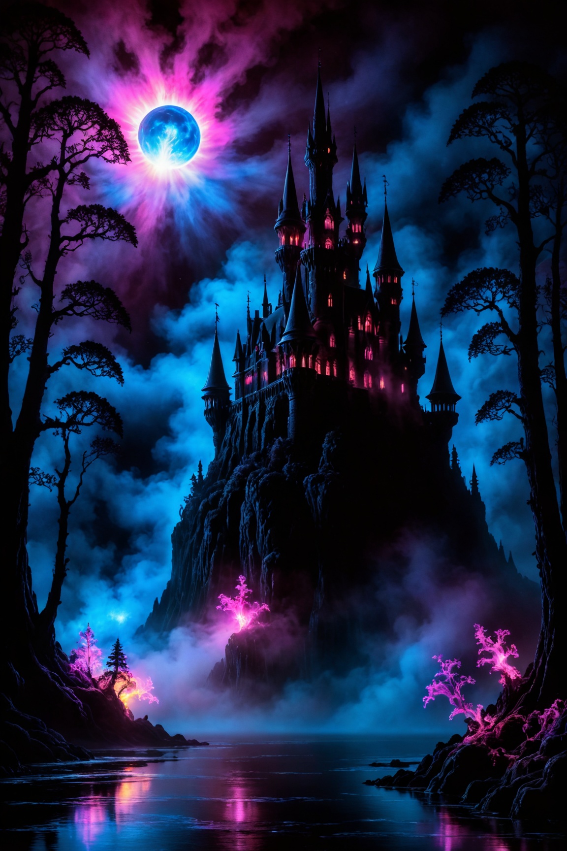 masterpiece of high-contrast shadow and light,  a gothic castle sitting on edge of a forbidden mystical forest,  moonlight...