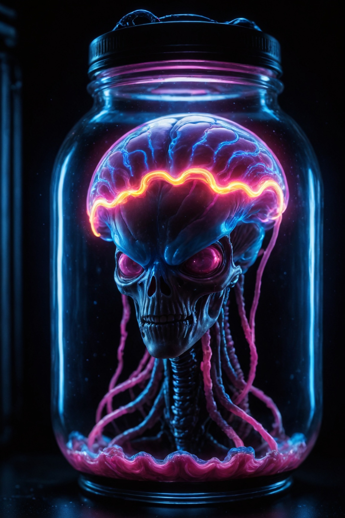cinematic film still biomechanical cyberpunk sci-fi style ultra realistic human brain growing in a glass jar in a workshop...