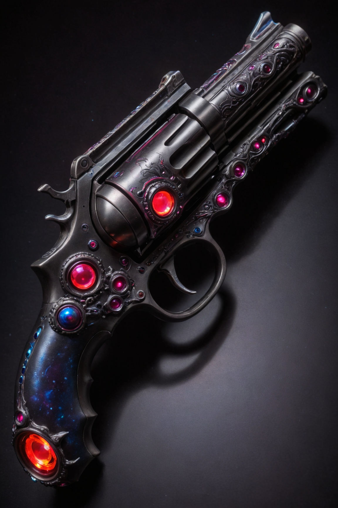 "Create a dark and mysterious revolver with sinister-looking skulls incorporated into the design,  adorned with ruby-red g...