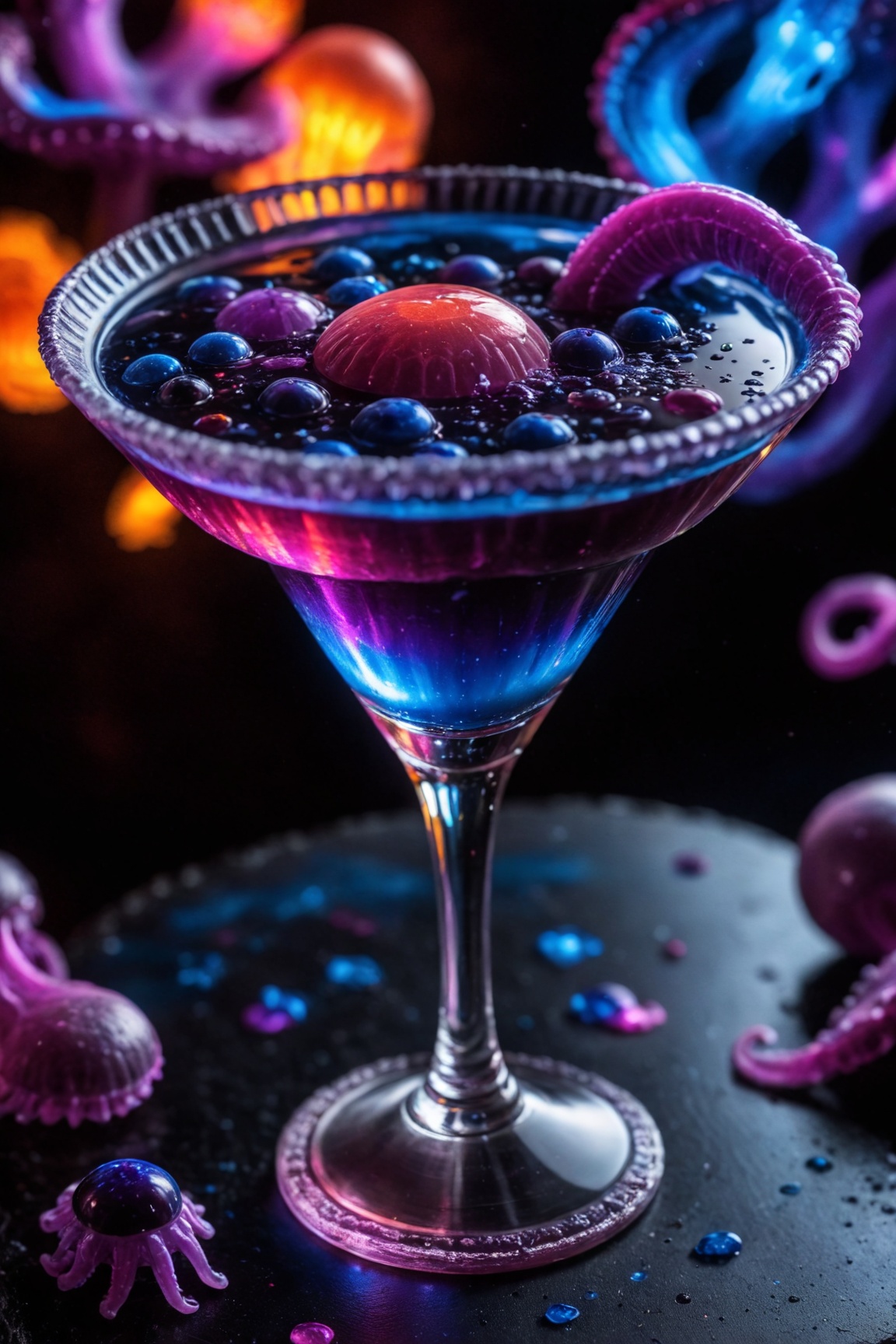 in a realm of madness a is served in an ornate crystal cocktail glass on a table,  it is decorated with a and a handful of...