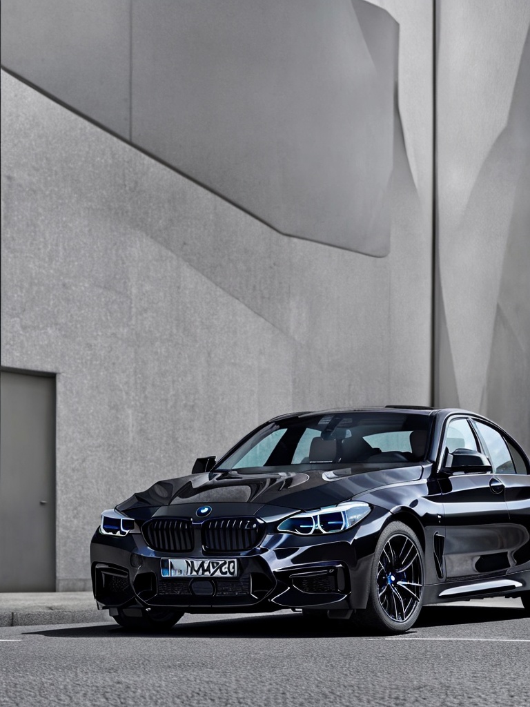 Realistic,  high quality,  a black bmw car. On a road in the city. Masterpiece on Tensor.Art