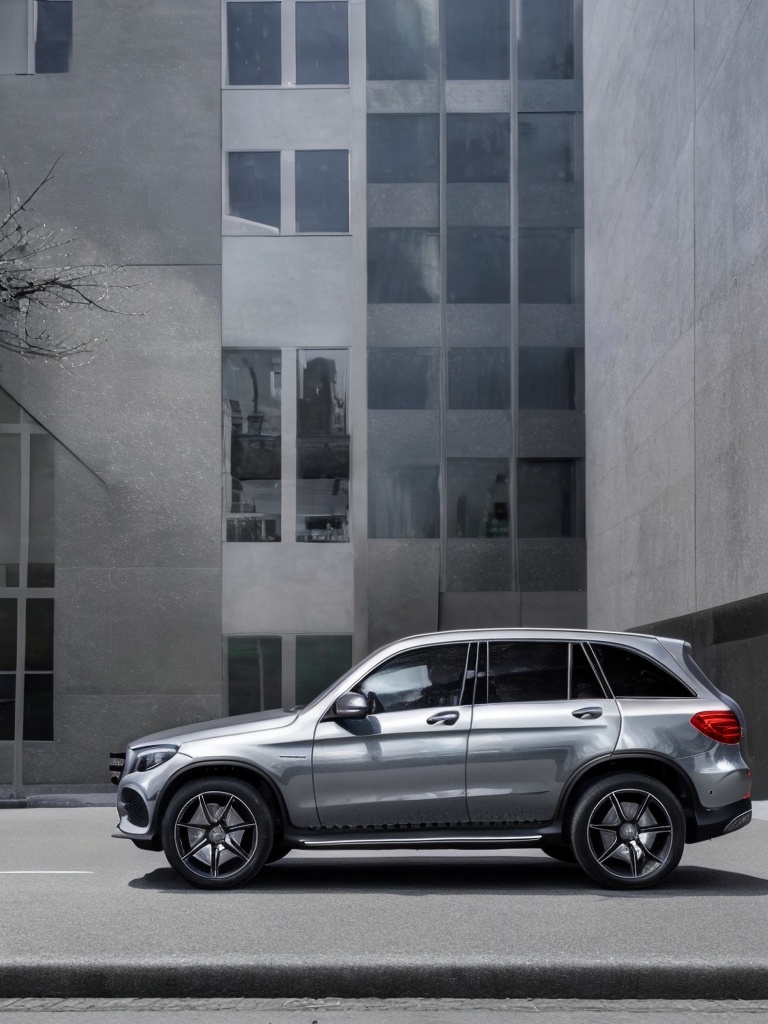 Realistic,  high quality,  a silver Mercedes SUV glc4 car. On a road in the city. Masterpiece on Tensor.Art