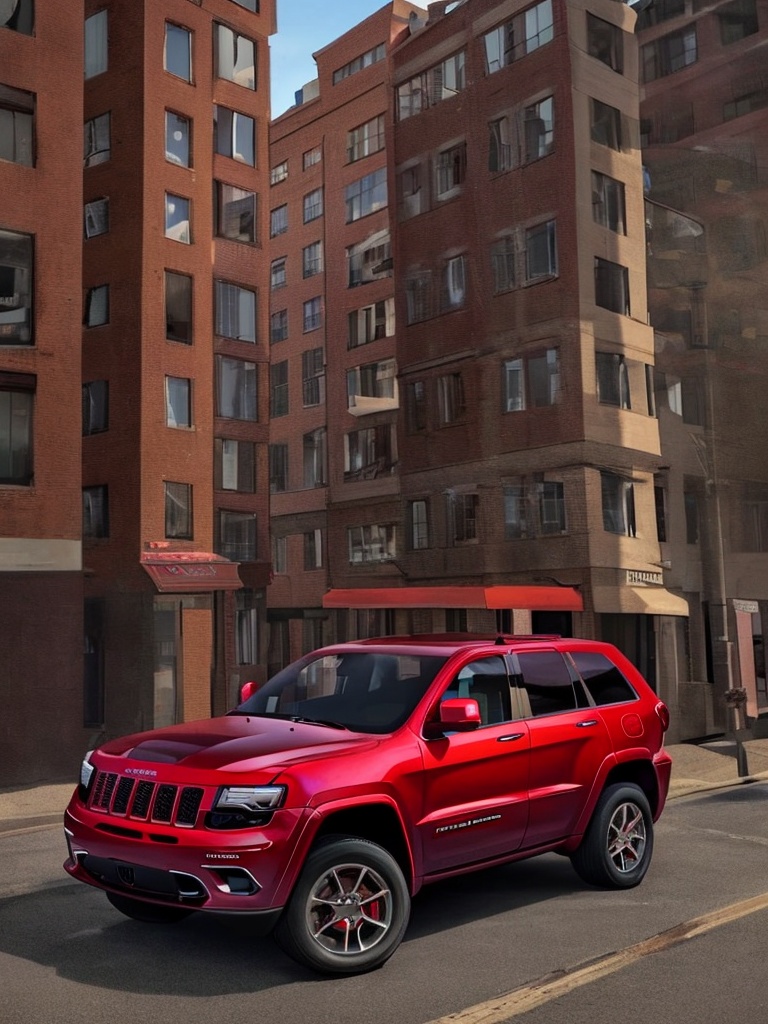 Realistic,  high quality,  a red jeep grand Cherokee car. On a road in the city. Masterpiece on Tensor.Art