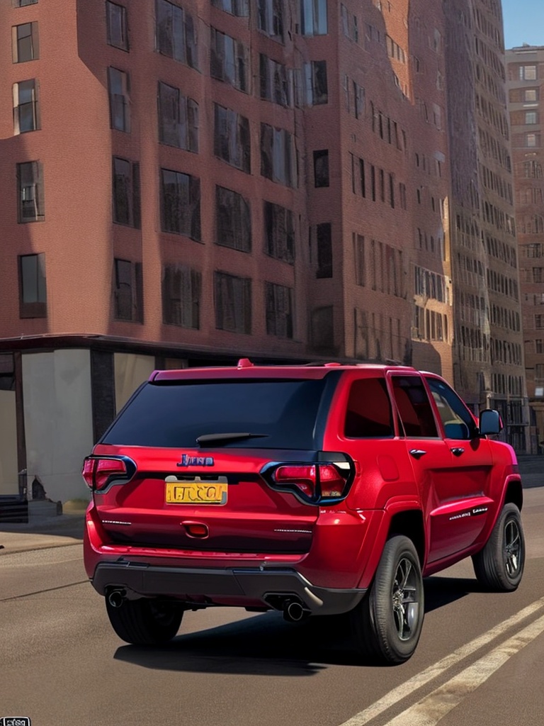 Realistic,  high quality,  a red jeep grand Cherokee car. On a road in the city. Masterpiece on Tensor.Art