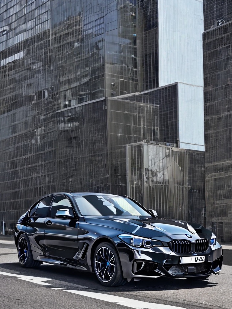 Realistic,  high quality,  a black bmw car. On a road in the city. Masterpiece on Tensor.Art