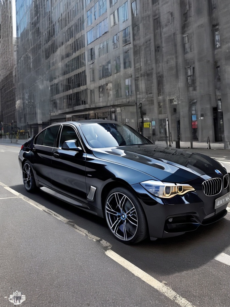Realistic,  high quality,  a black bmw car. On a road in the city. Masterpiece on Tensor.Art