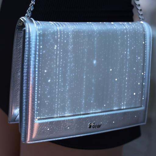 High-resolution photo of a luxury silver leather handbag with a glowing fiber optic fabric panel,  silver chain strap with...